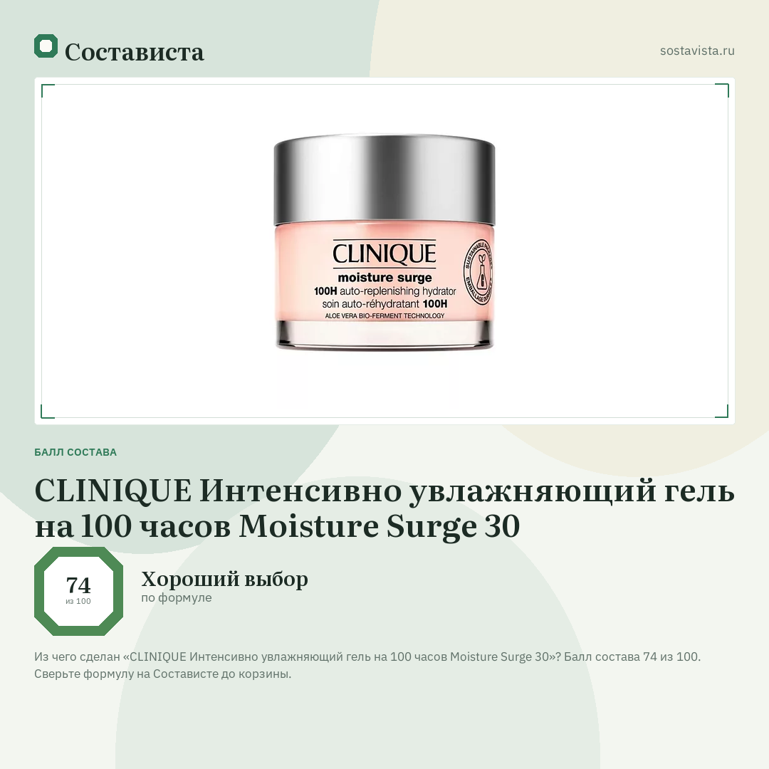 CLINIQUE Интенсивно увлажняющий гель на 100 часов Moisture Surge 30: балл состава 74 из 100 — Состависта
