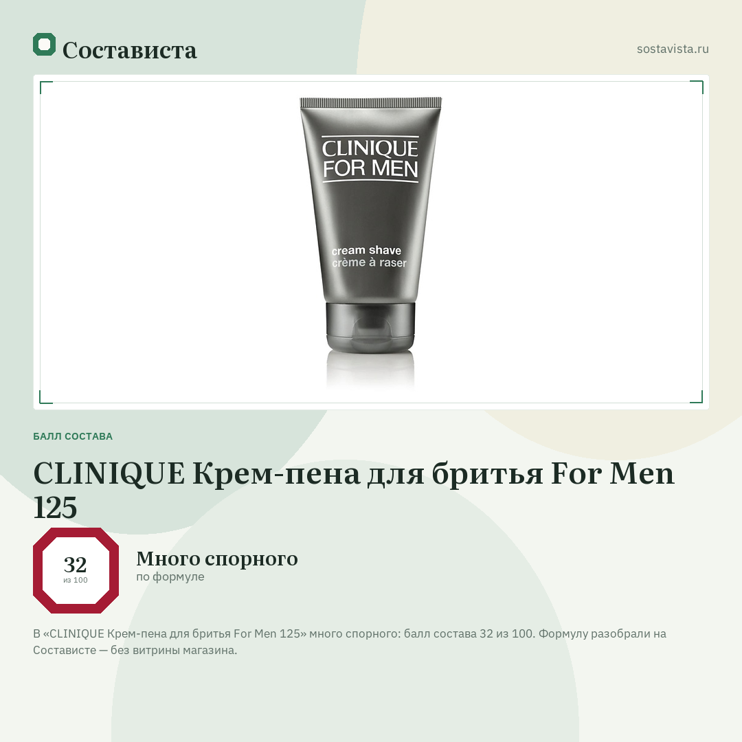 CLINIQUE Крем-пена для бритья For Men 125: балл состава 32 из 100 — Состависта