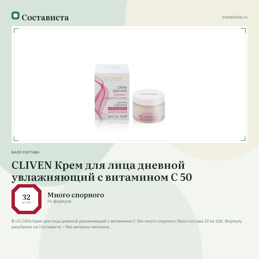 CLIVEN Крем для лица дневной увлажняющий с витамином С 50: балл состава 32 из 100 — Состависта