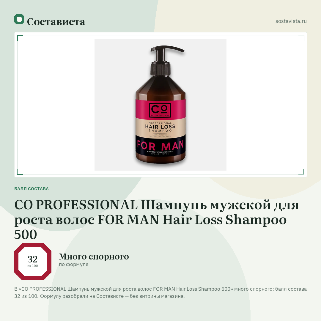 CO PROFESSIONAL Шампунь мужской для роста волос FOR MAN Hair Loss Shampoo 500: балл состава 32 из 100 — Состависта