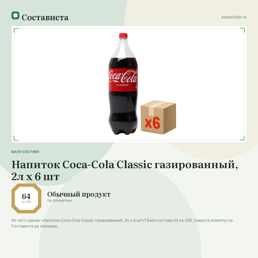 Напиток Coca-Cola Classic газированный, 2л x 6 шт: балл состава 64 из 100 — Состависта