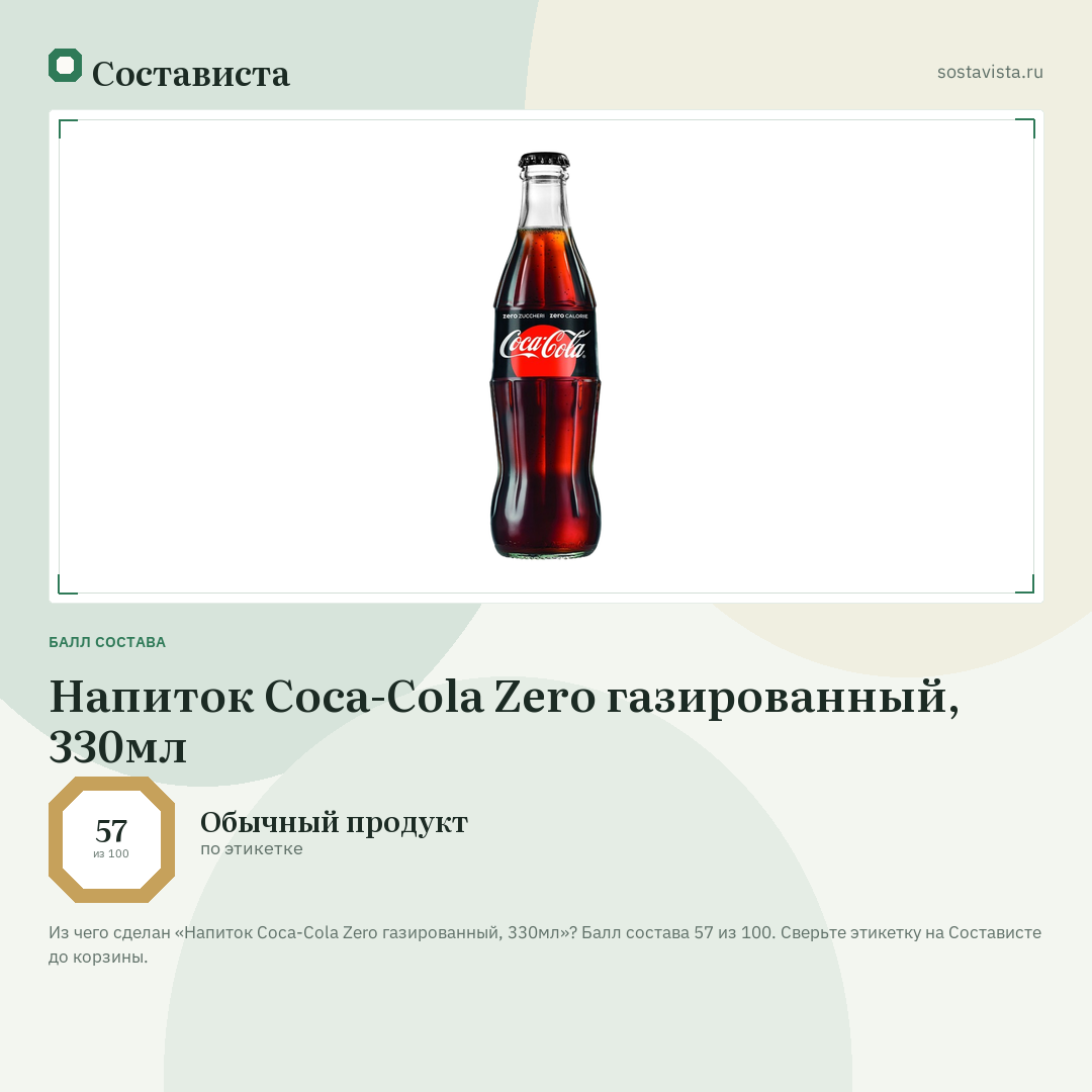Напиток Coca-Cola Zero газированный, 330мл: балл состава 57 из 100 — Состависта