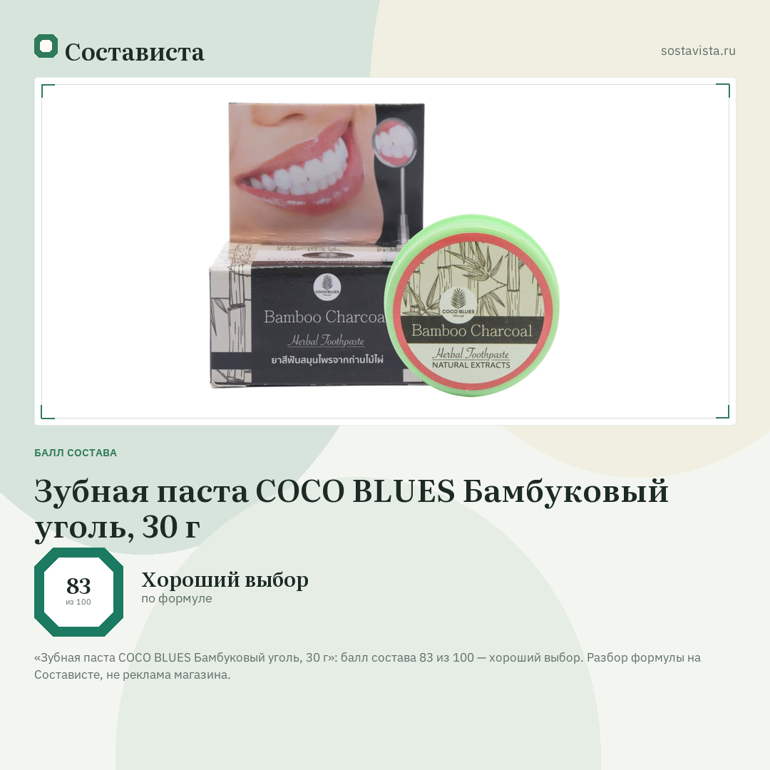 Зубная паста COCO BLUES Бамбуковый уголь, 30 г: балл состава 83 из 100 — Состависта