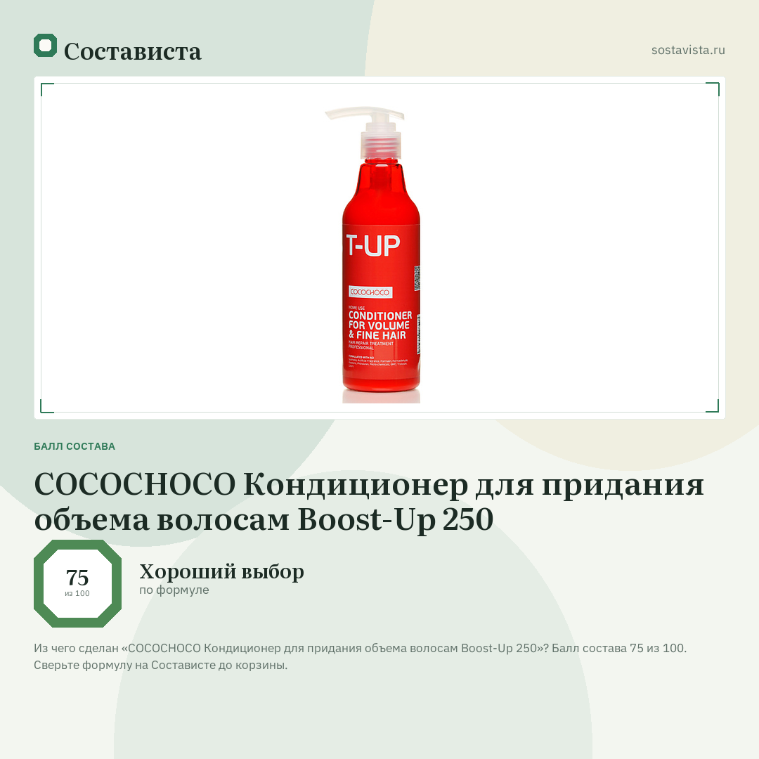 COCOCHOCO Кондиционер для придания объема волосам Boost-Up 250: балл состава 75 из 100 — Состависта