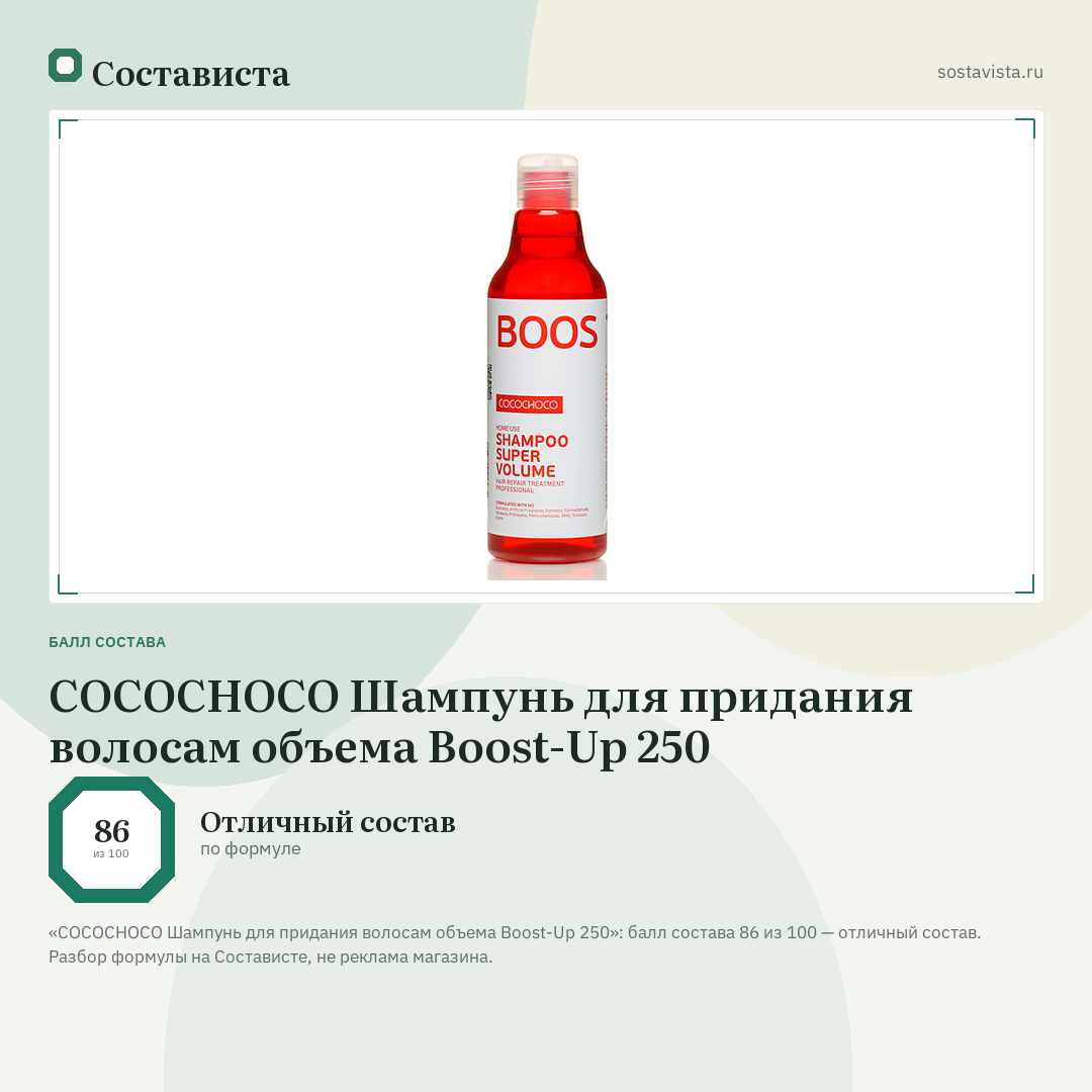 COCOCHOCO Шампунь для придания волосам объема Boost-Up 250: балл состава 86 из 100 — Состависта