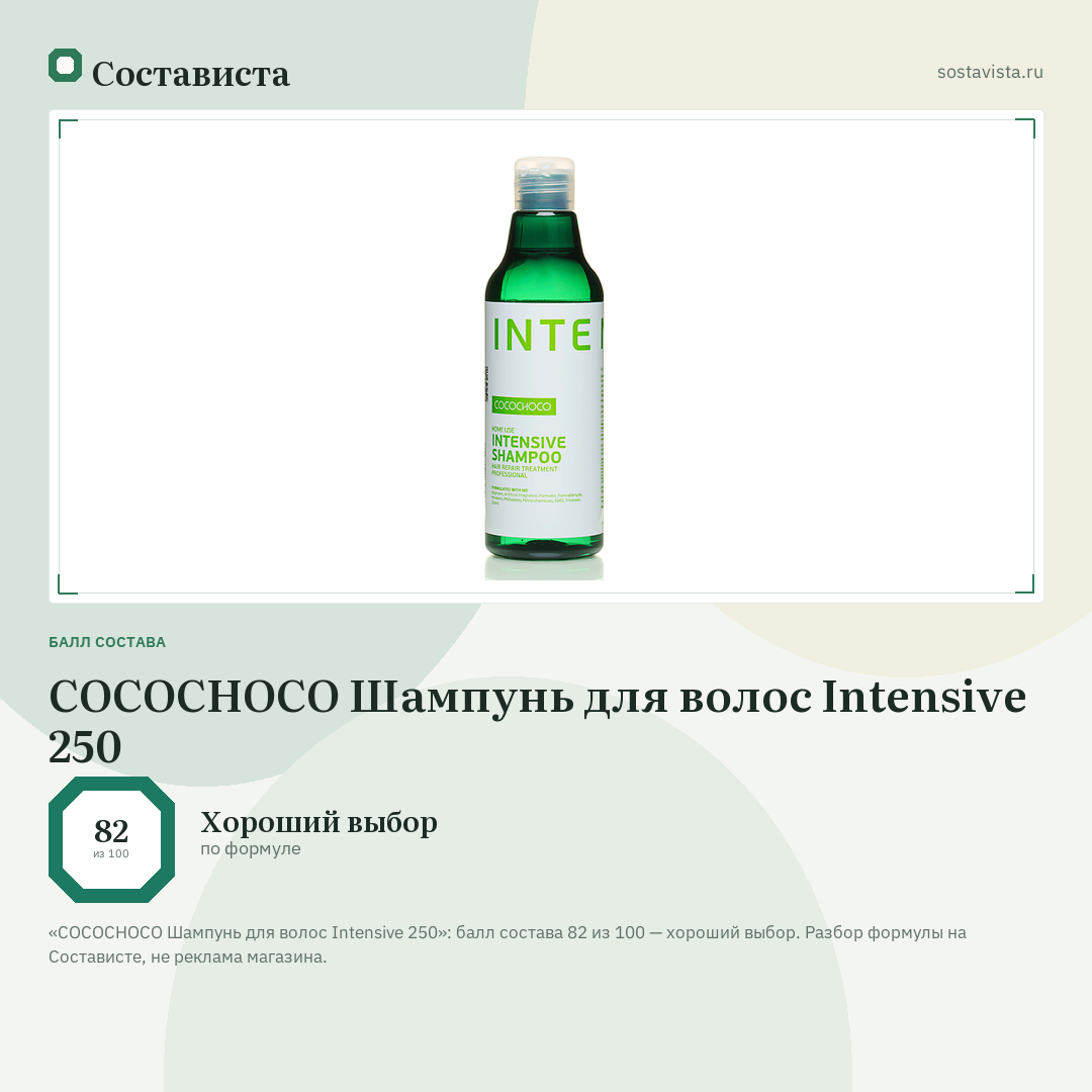 COCOCHOCO Шампунь для волос Intensive 250: балл состава 82 из 100 — Состависта