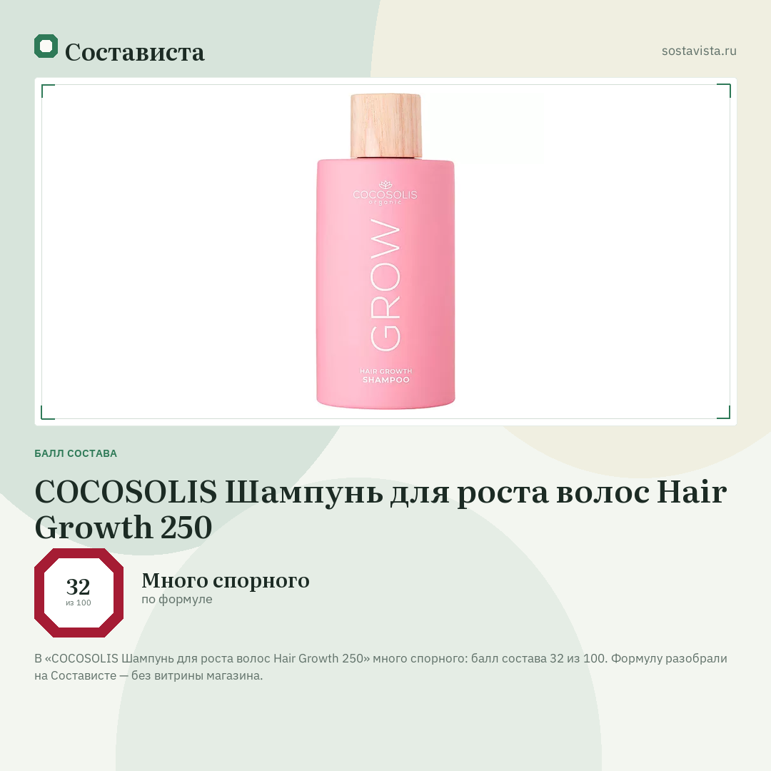 COCOSOLIS Шампунь для роста волос Hair Growth 250: балл состава 32 из 100 — Состависта