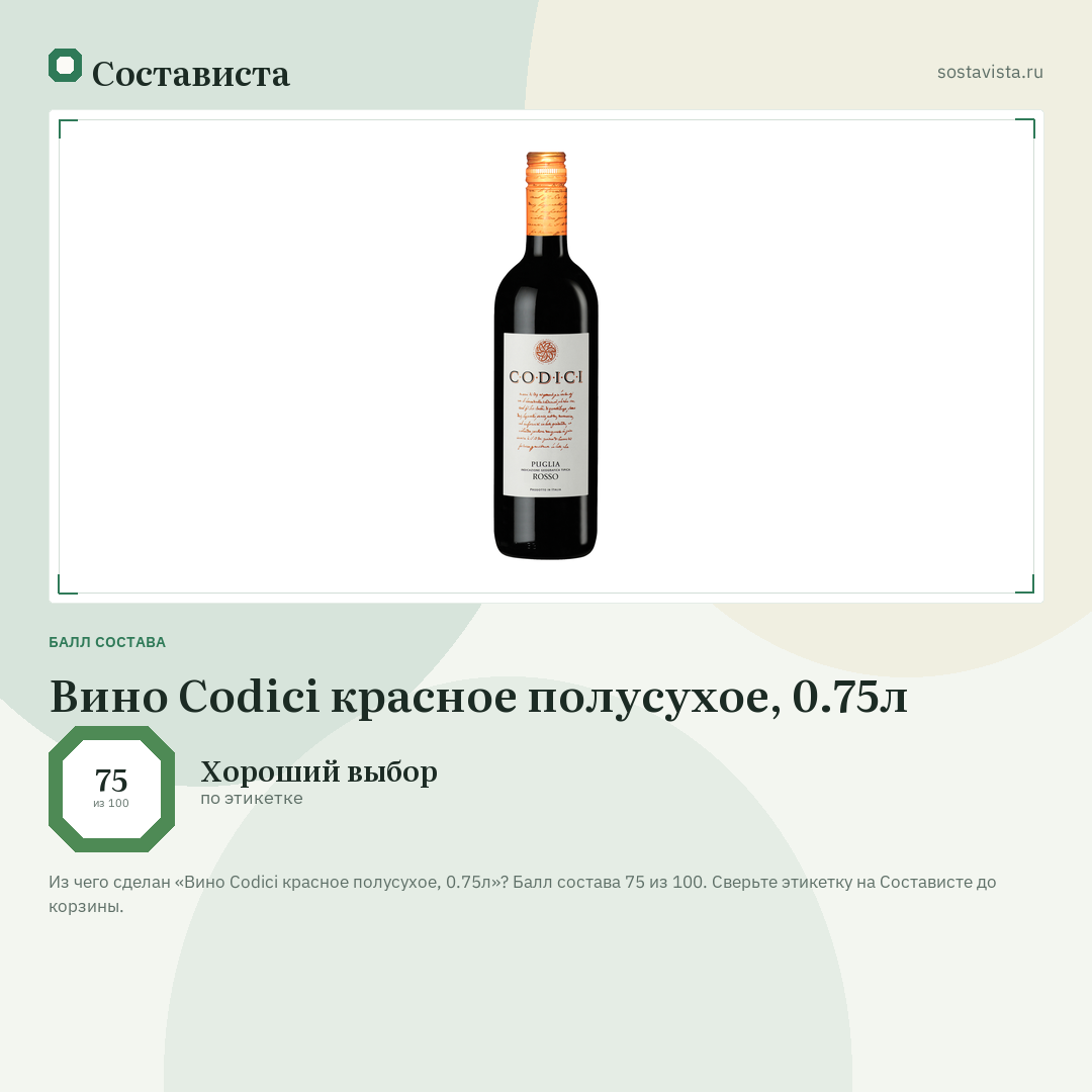 Вино Codici красное полусухое, 0.75л: балл состава 75 из 100 — Состависта