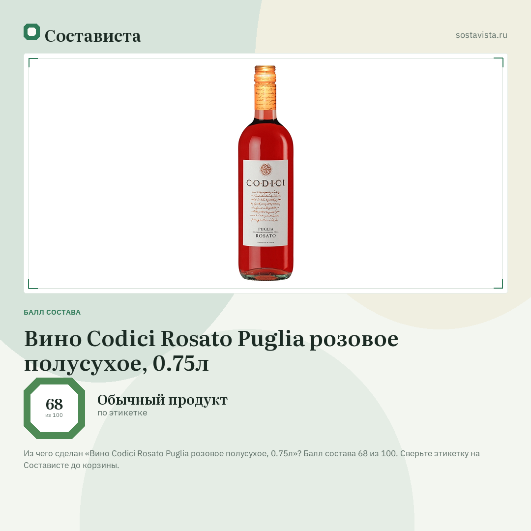 Вино Codici Rosato Puglia розовое полусухое, 0.75л: балл состава 68 из 100 — Состависта