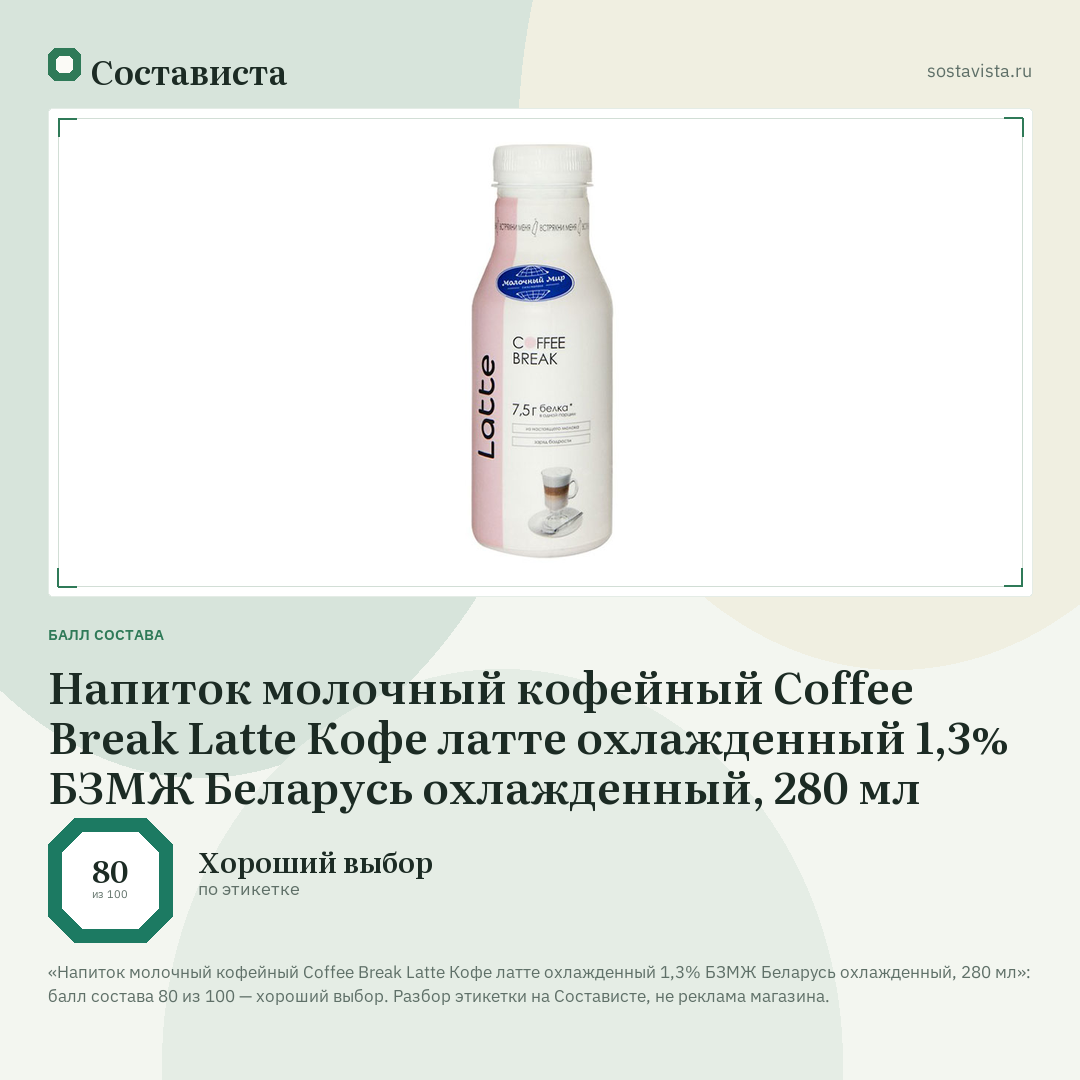 Напиток молочный кофейный Coffee Break Latte Кофе латте охлажденный 1,3% БЗМЖ Беларусь охлажденный, 280 мл: балл состава 80 из 100 — Состависта