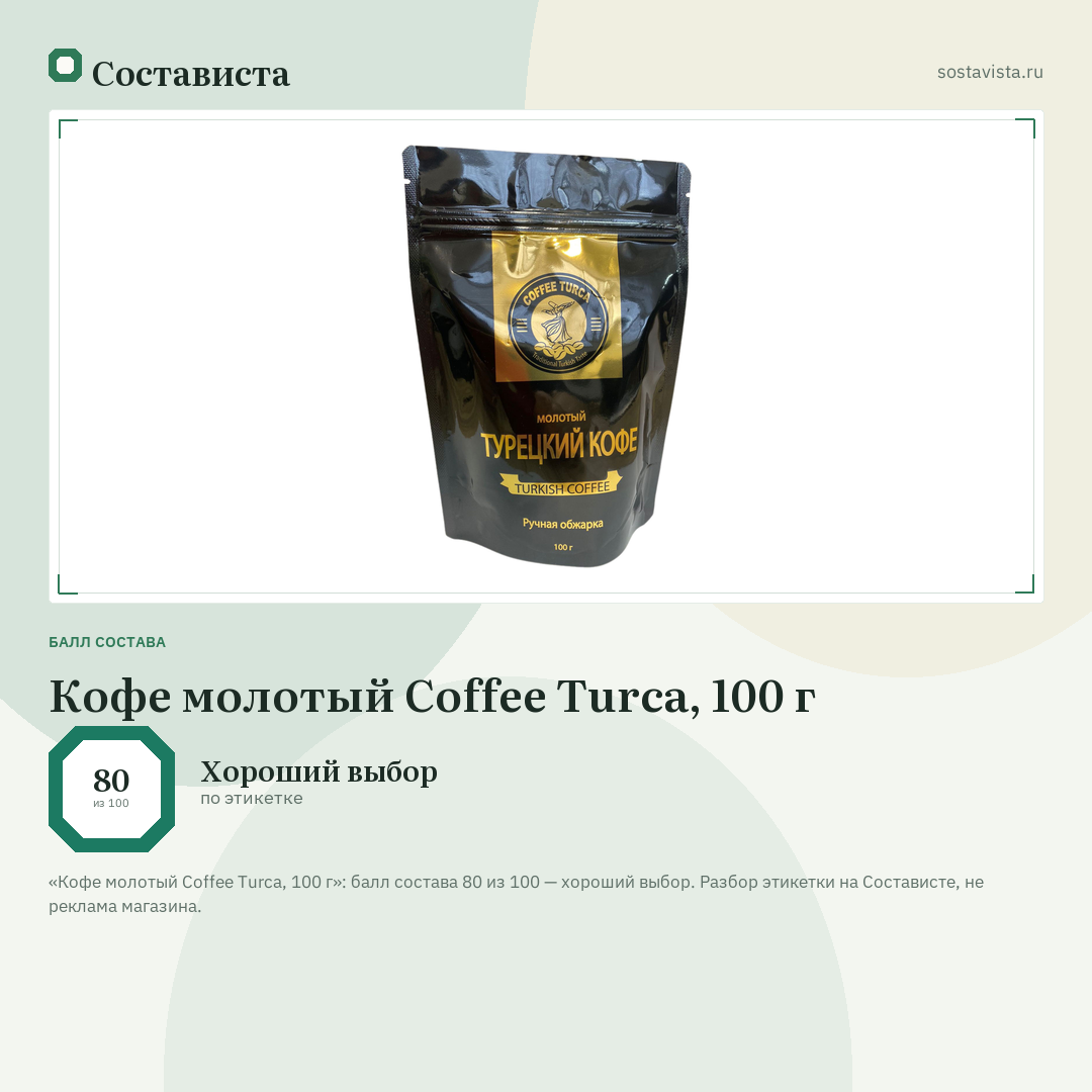 Кофе молотый Coffee Turca, 100 г: балл состава 80 из 100 — Состависта