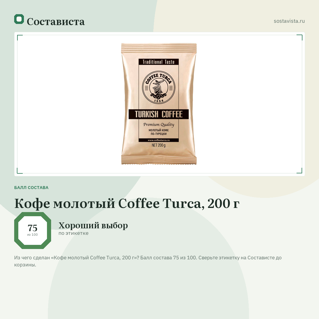 Кофе молотый Coffee Turca, 200 г: балл состава 75 из 100 — Состависта