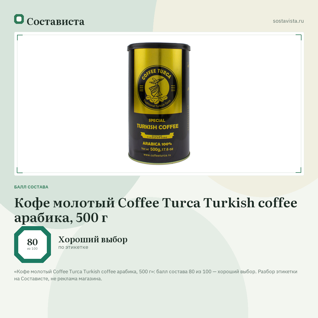 Кофе молотый Coffee Turca Turkish coffee арабика, 500 г: балл состава 80 из 100 — Состависта