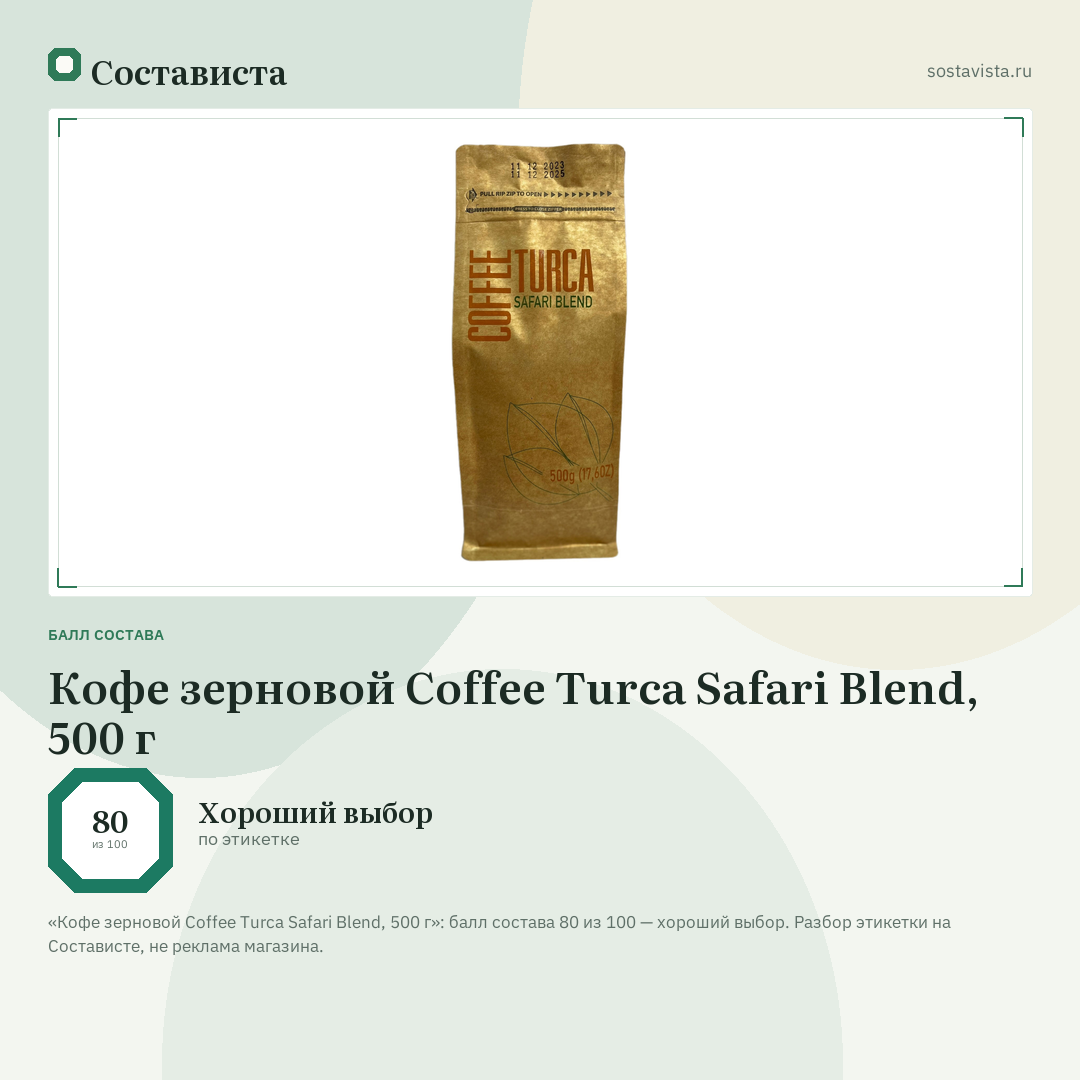 Кофе зерновой Coffee Turca Safari Blend, 500 г: балл состава 80 из 100 — Состависта