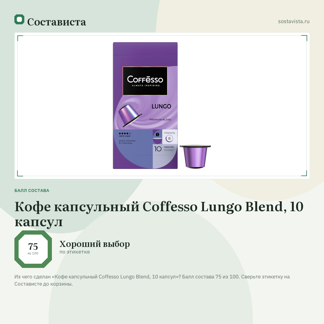 Кофе капсульный Coffesso Lungo Blend, 10 капсул: балл состава 75 из 100 — Состависта