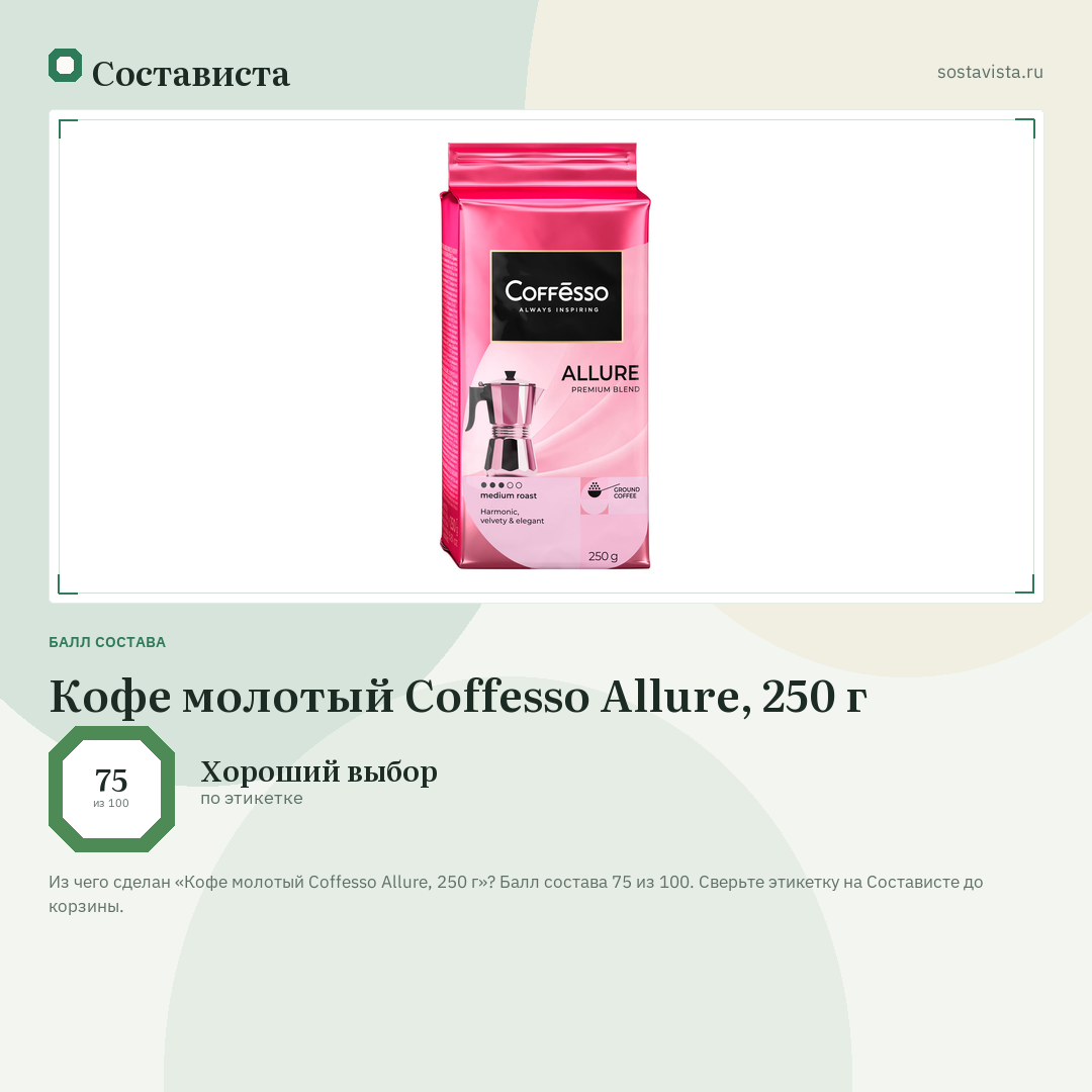 Кофе молотый Coffesso Allure, 250 г: балл состава 75 из 100 — Состависта
