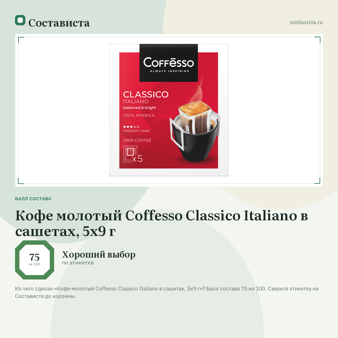 Кофе молотый Coffesso Classico Italiano в сашетах, 5х9 г: балл состава 75 из 100 — Состависта