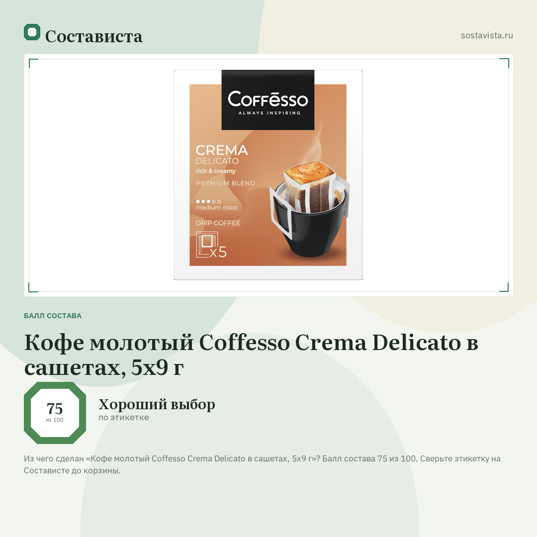 Кофе молотый Coffesso Crema Delicato в сашетах, 5х9 г: балл состава 75 из 100 — Состависта