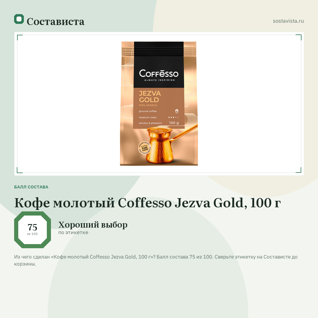 Кофе молотый Coffesso Jezva Gold, 100 г: балл состава 75 из 100 — Состависта