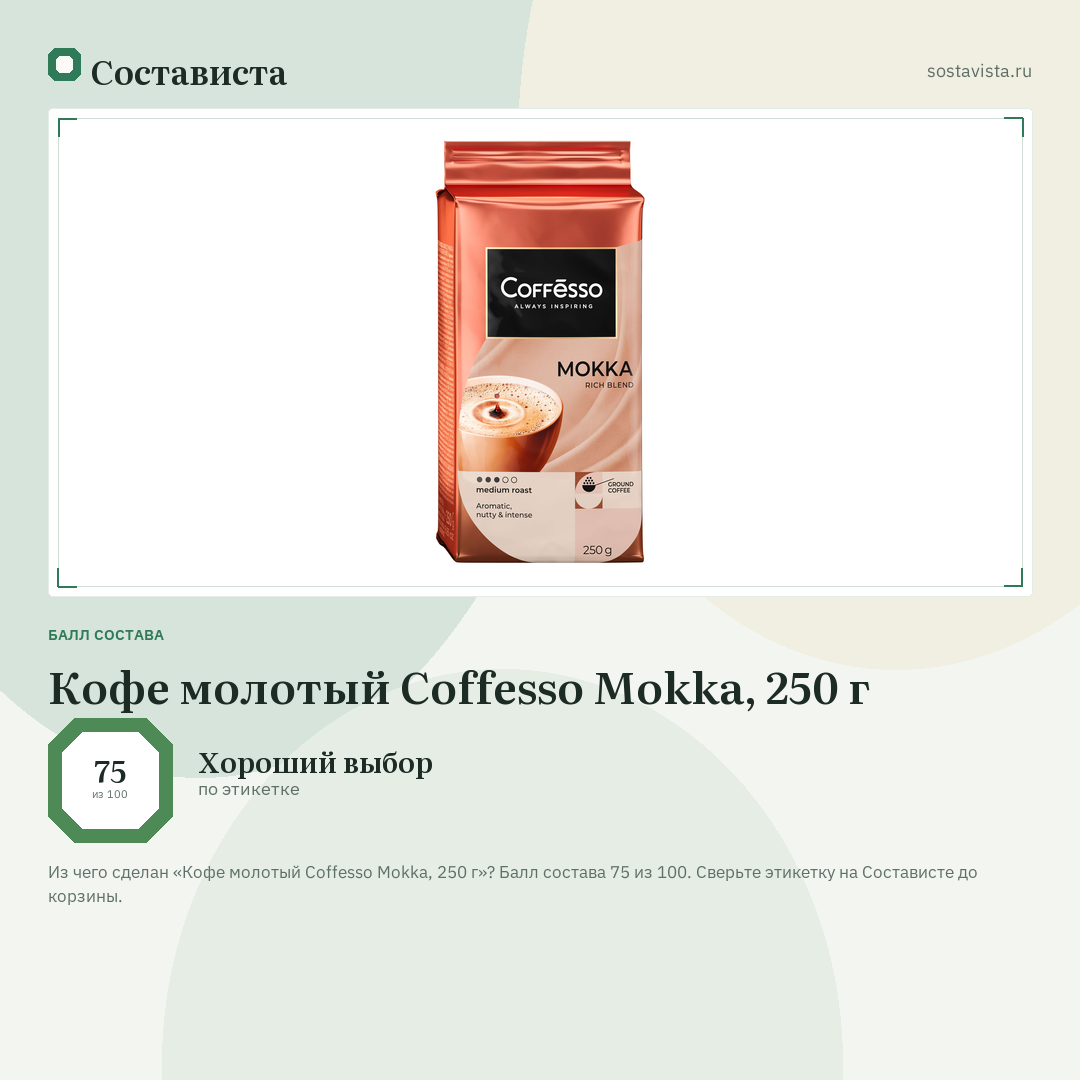Кофе молотый Coffesso Mokka, 250 г: балл состава 75 из 100 — Состависта