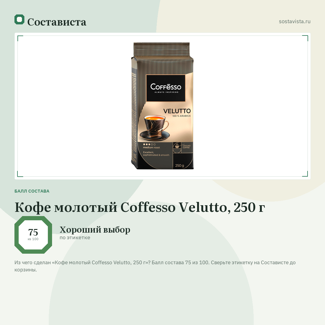 Кофе молотый Coffesso Velutto, 250 г: балл состава 75 из 100 — Состависта