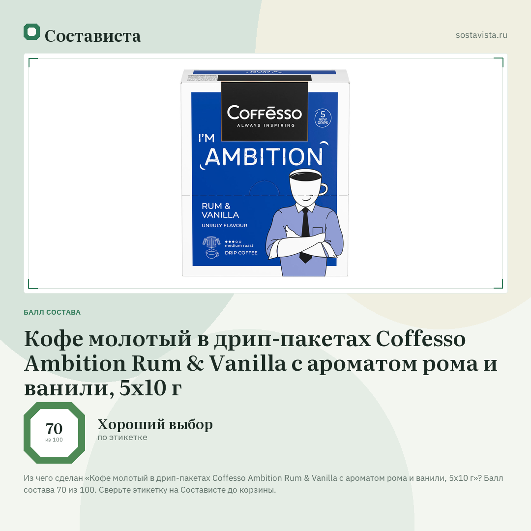 Кофе молотый в дрип-пакетах Coffesso Ambition Rum & Vanilla с ароматом рома и ванили, 5х10 г: балл состава 70 из 100 — Состависта