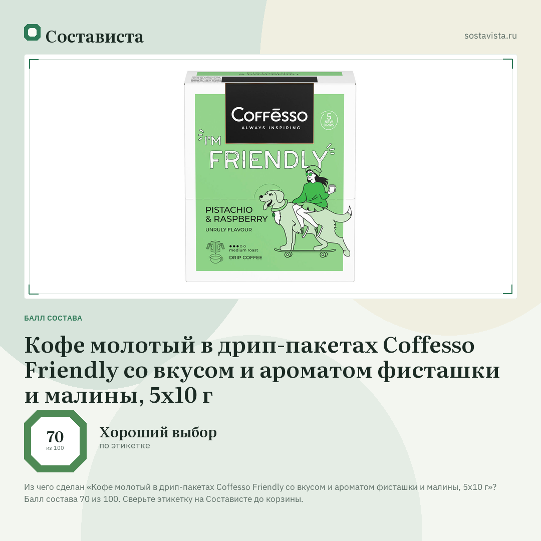Кофе молотый в дрип-пакетах Coffesso Friendly со вкусом и ароматом фисташки и малины, 5х10 г: балл состава 70 из 100 — Состависта