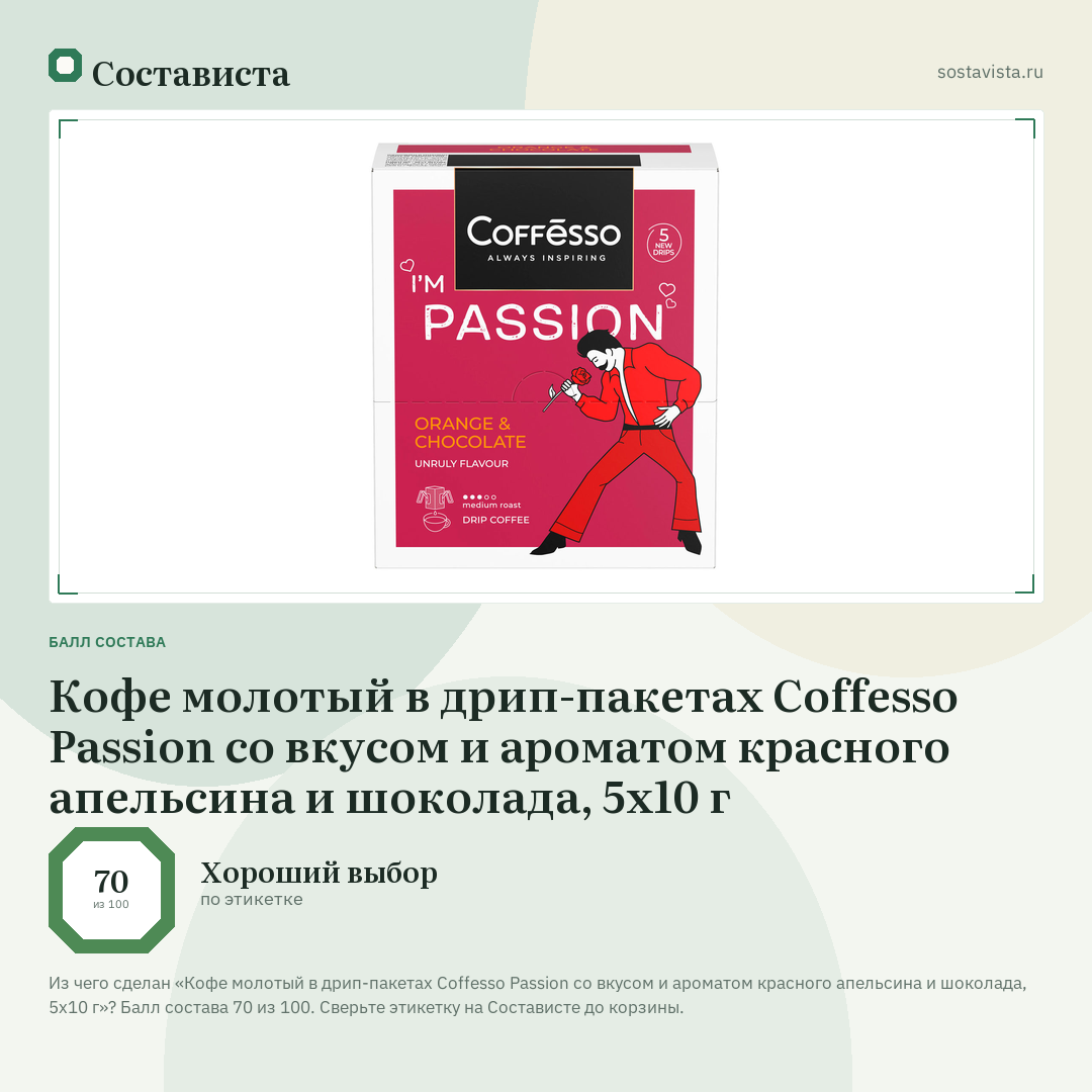 Кофе молотый в дрип-пакетах Coffesso Passion со вкусом и ароматом красного апельсина и шоколада, 5х10 г: балл состава 70 из 100 — Состависта