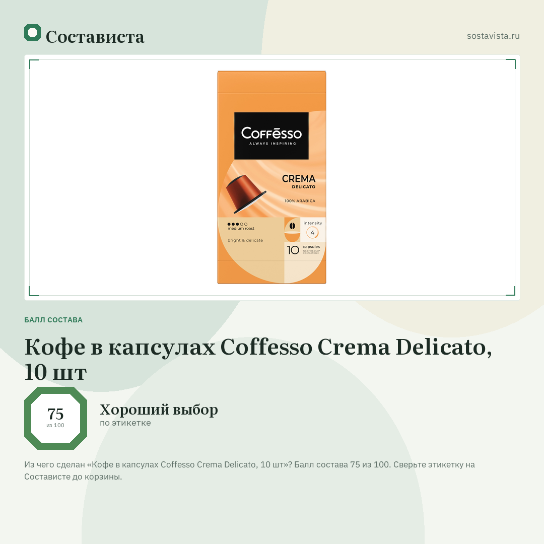 Кофе в капсулах Coffesso Crema Delicato, 10 шт: балл состава 75 из 100 — Состависта