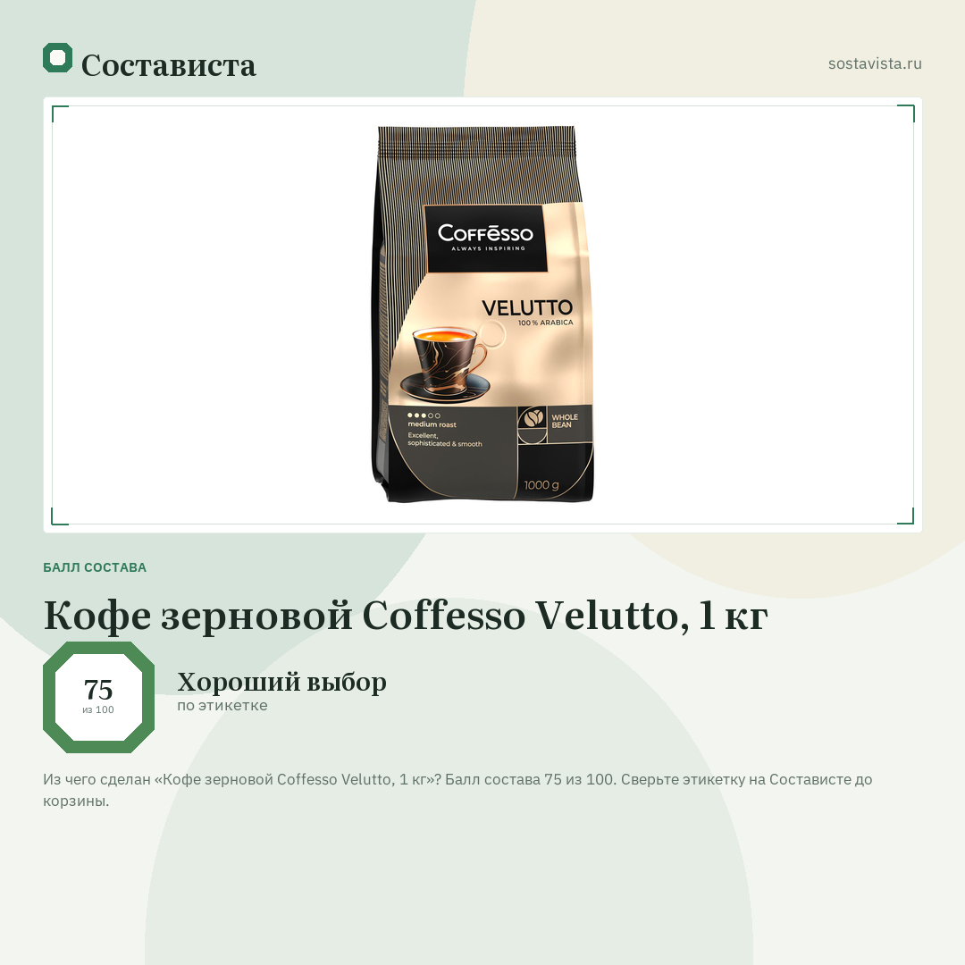 Кофе зерновой Coffesso Velutto, 1 кг: балл состава 75 из 100 — Состависта