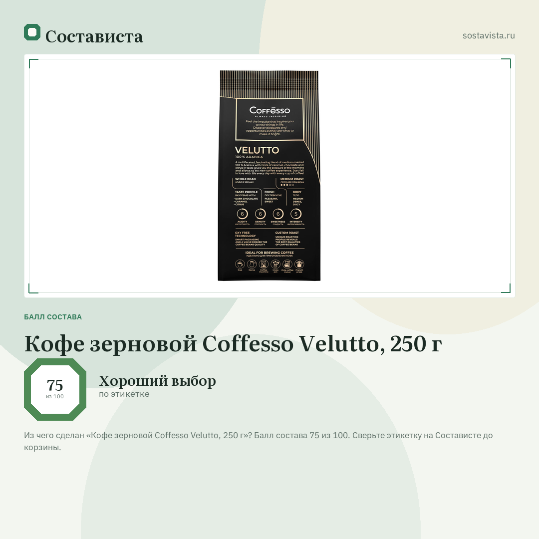 Кофе зерновой Coffesso Velutto, 250 г: балл состава 75 из 100 — Состависта