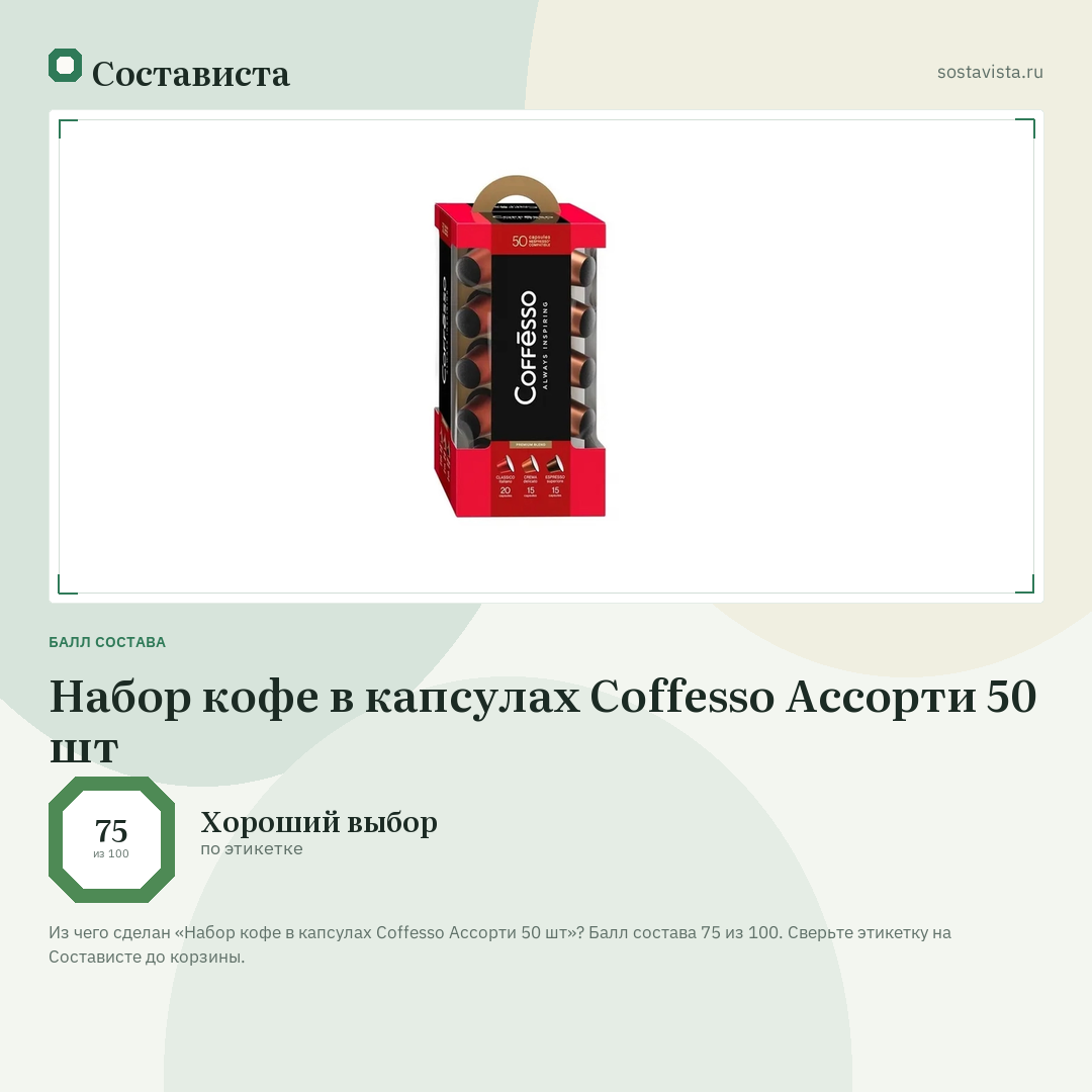 Набор кофе в капсулах Coffesso Ассорти 50 шт: балл состава 75 из 100 — Состависта