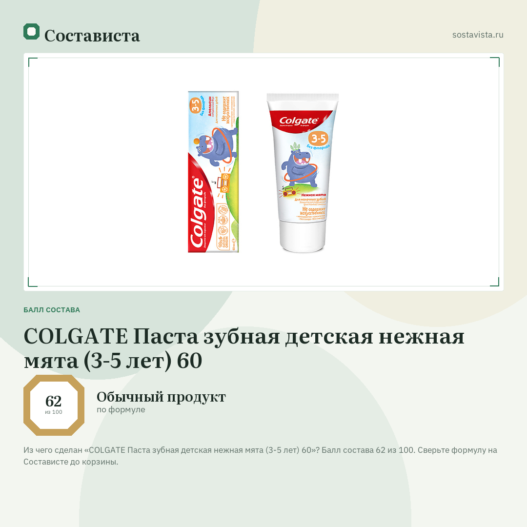 COLGATE Паста зубная детская нежная мята (3-5 лет) 60: балл состава 62 из 100 — Состависта