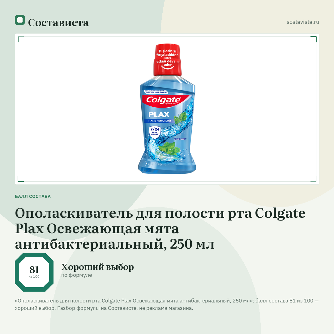 Ополаскиватель для полости рта Colgate Plax Освежающая мята антибактериальный, 250 мл: балл состава 81 из 100 — Состависта