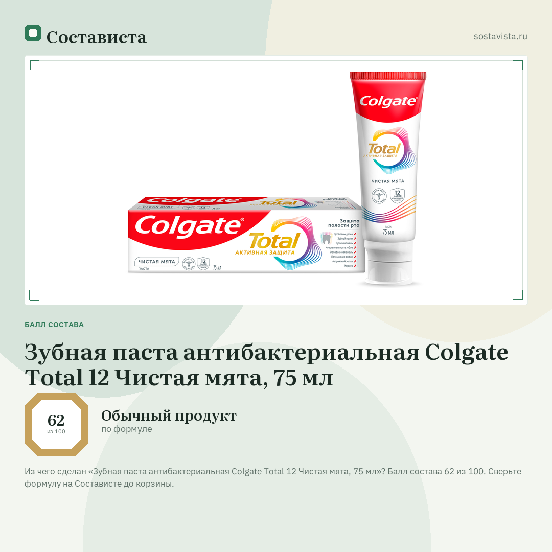 Зубная паста антибактериальная Colgate Total 12 Чистая мята, 75 мл: балл состава 62 из 100 — Состависта