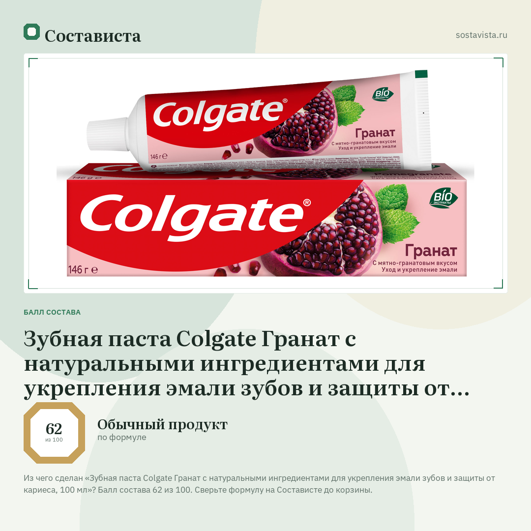 Зубная паста Colgate Гранат с натуральными ингредиентами для укрепления эмали зубов и защиты от кариеса, 100 мл: балл состава 62 из 100 — Состависта
