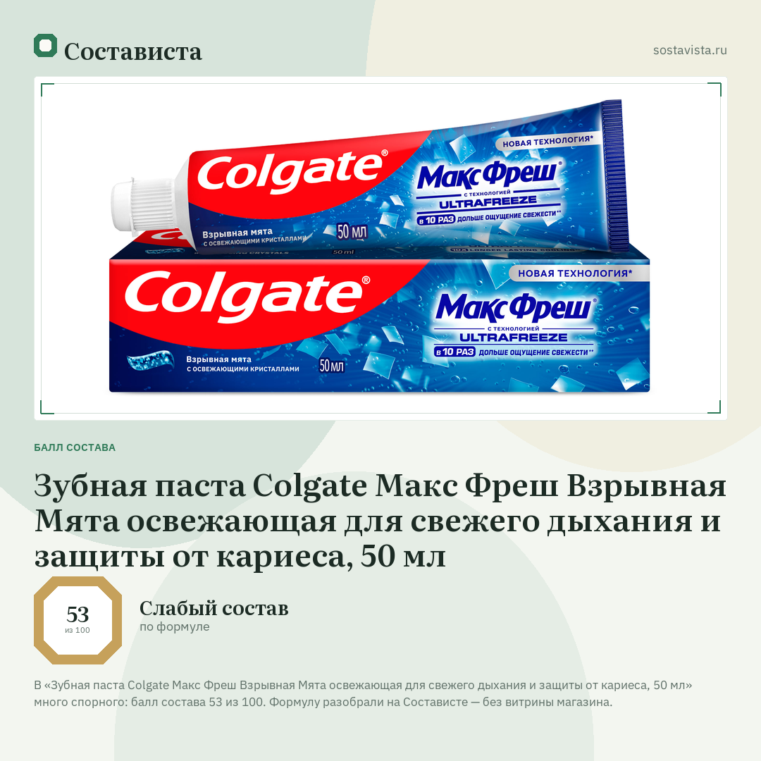 Зубная паста Colgate Макс Фреш Взрывная Мята освежающая для свежего дыхания и защиты от кариеса, 50 мл: балл состава 53 из 100 — Состависта