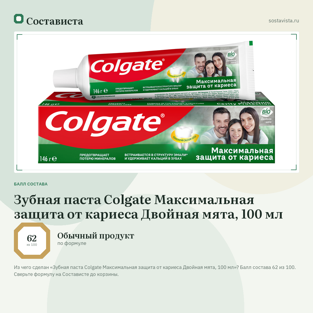 Зубная паста Colgate Максимальная защита от кариеса Двойная мята, 100 мл: балл состава 62 из 100 — Состависта