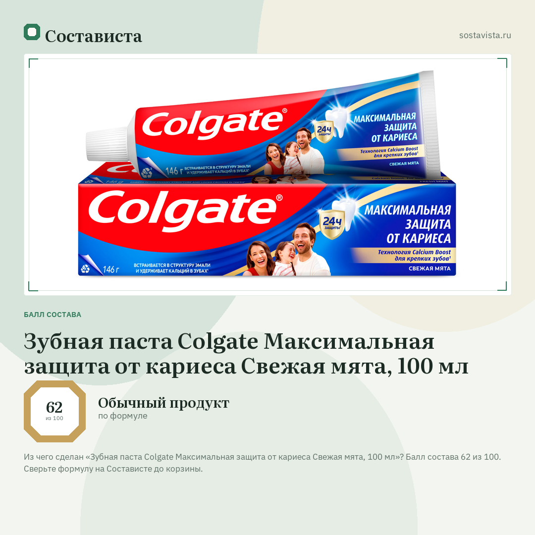 Зубная паста Colgate Максимальная защита от кариеса Свежая мята, 100 мл: балл состава 62 из 100 — Состависта