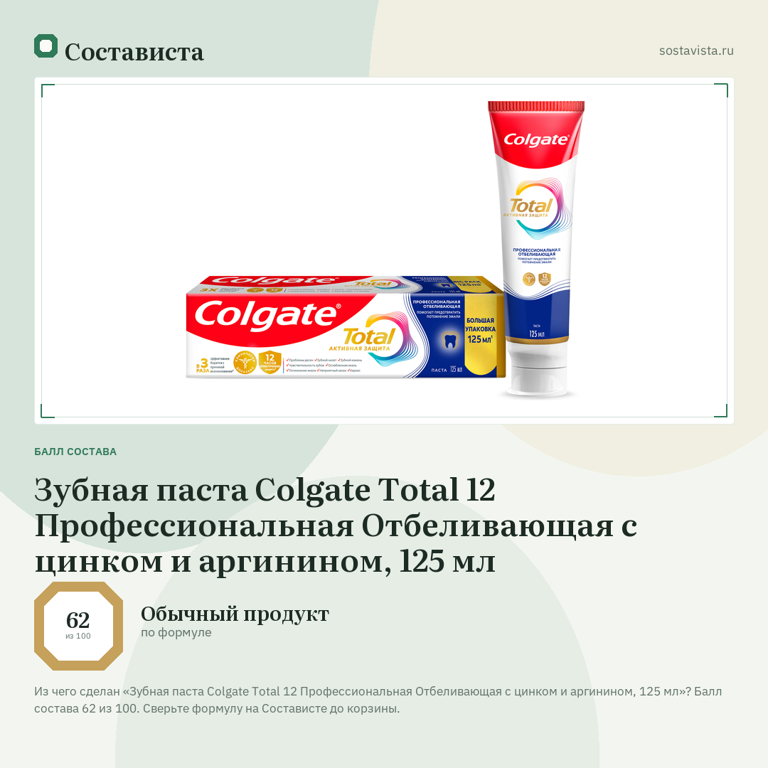 Зубная паста Colgate Total 12 Профессиональная Отбеливающая с цинком и аргинином, 125 мл: балл состава 62 из 100 — Состависта