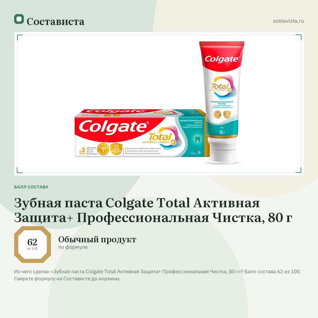 Зубная паста Colgate Total Активная Защита+ Профессиональная Чистка, 80 г: балл состава 62 из 100 — Состависта