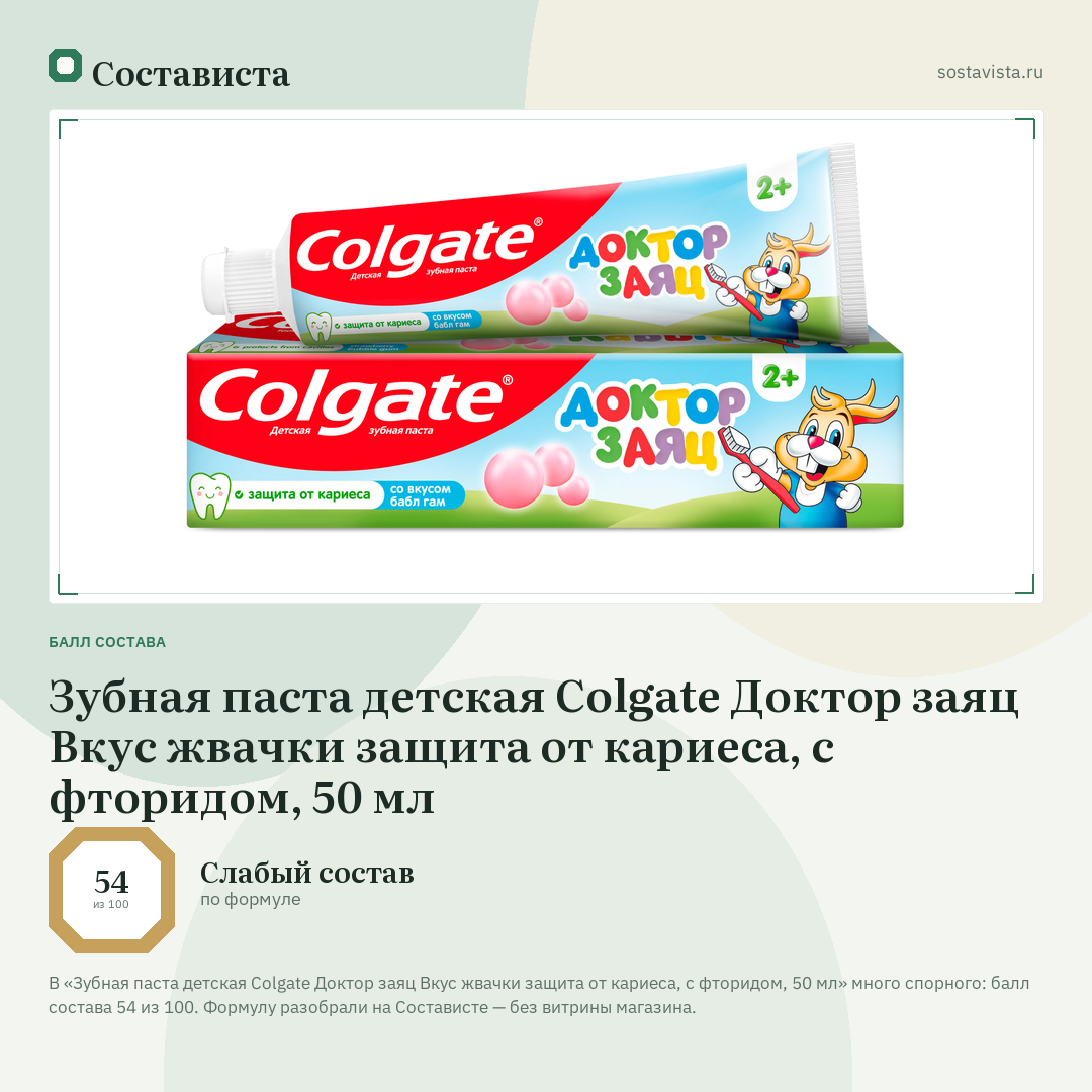 Зубная паста детская Colgate Доктор заяц Вкус жвачки защита от кариеса, с фторидом, 50 мл: балл состава 54 из 100 — Состависта
