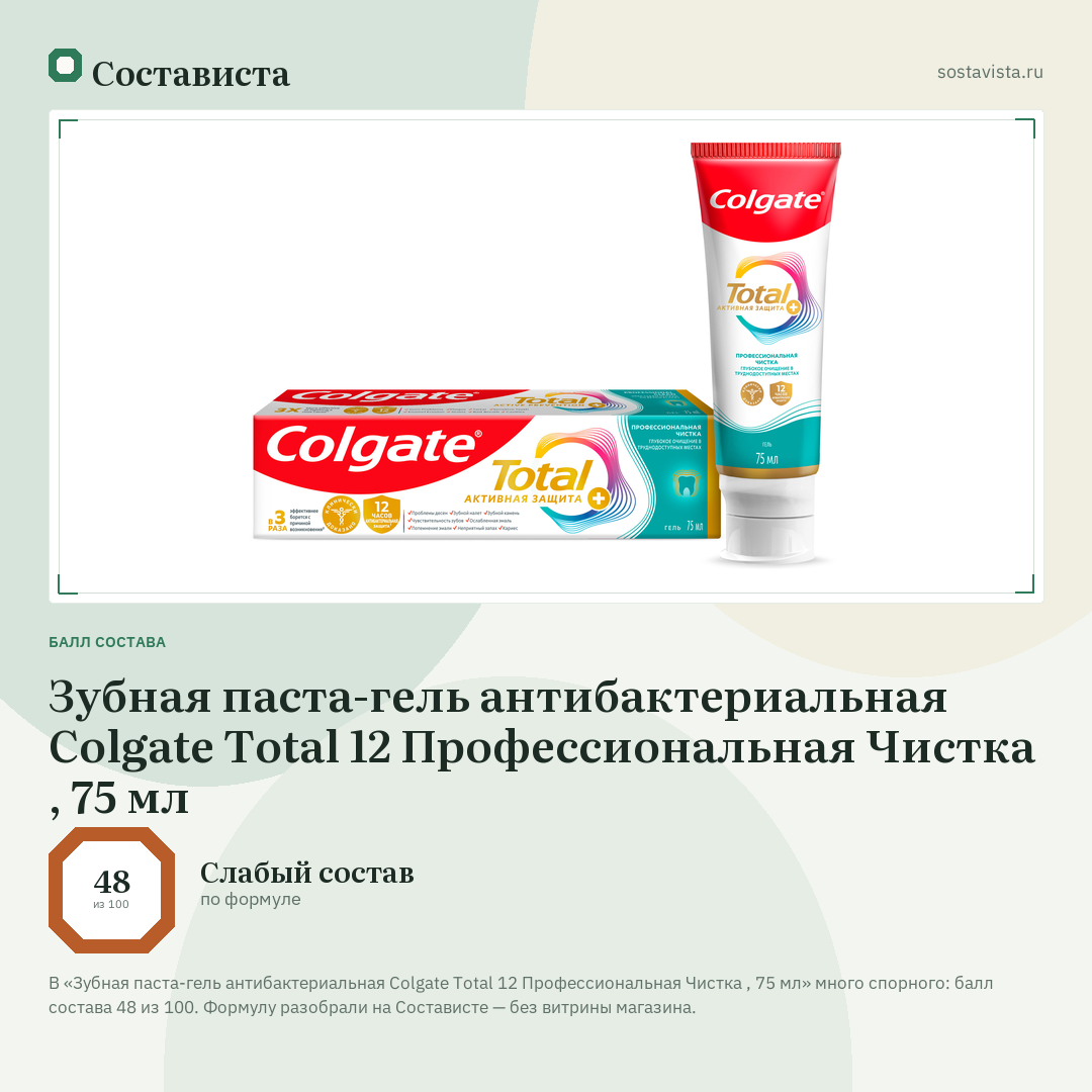 Зубная паста-гель антибактериальная Colgate Total 12 Профессиональная Чистка , 75 мл: балл состава 48 из 100 — Состависта