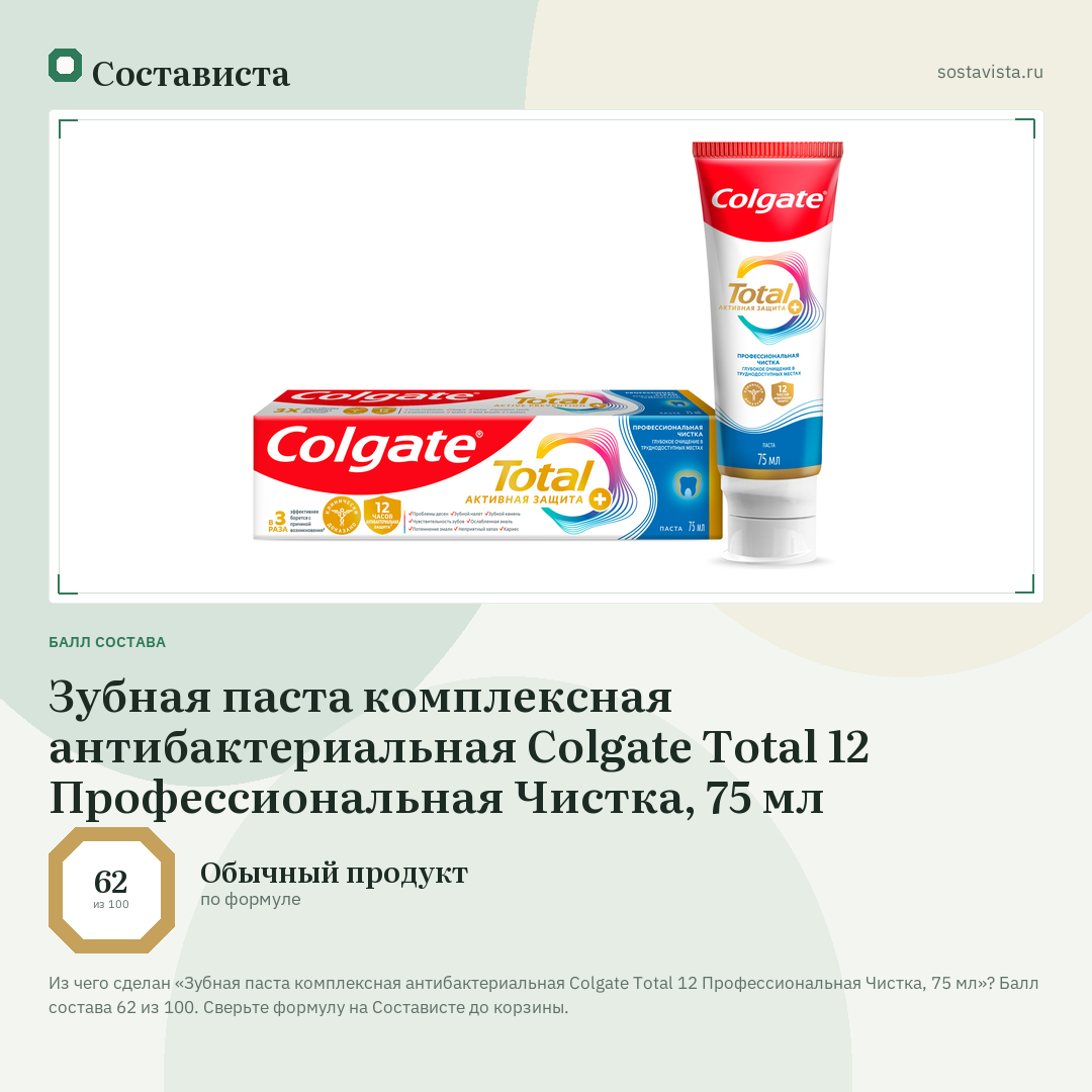 Зубная паста комплексная антибактериальная Colgate Total 12 Профессиональная Чистка, 75 мл: балл состава 62 из 100 — Состависта