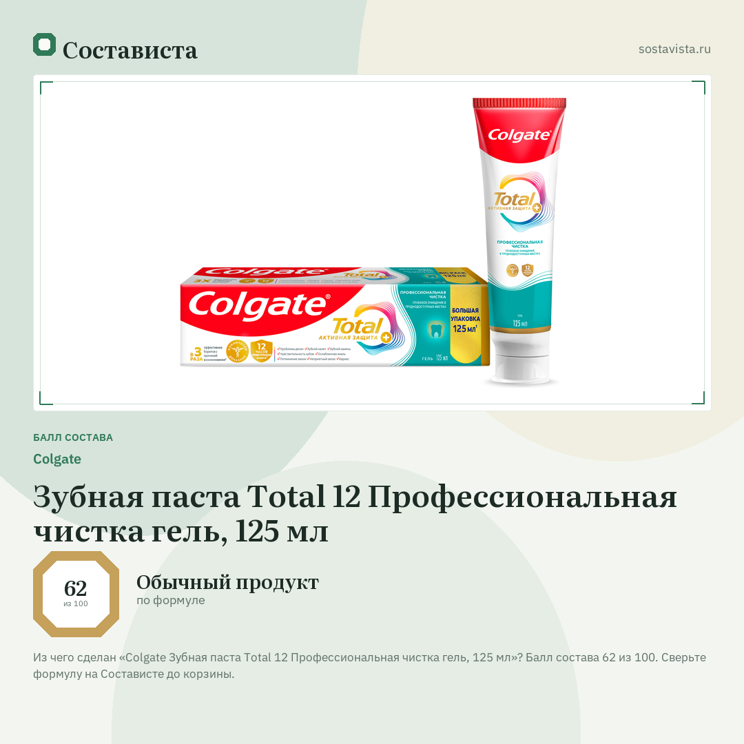Colgate Зубная паста Total 12 Профессиональная чистка гель, 125 мл: балл состава 62 из 100 — Состависта