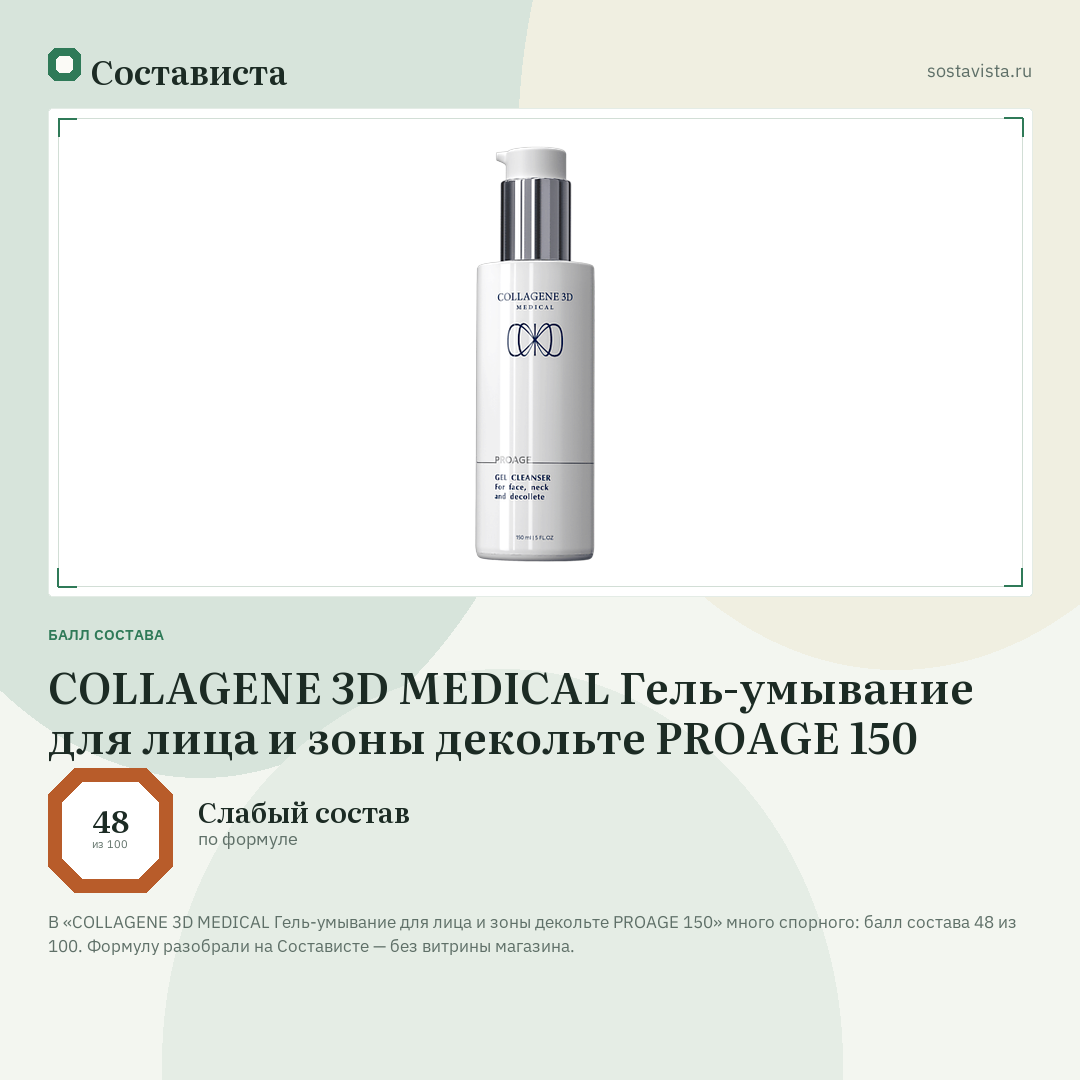 COLLAGENE 3D MEDICAL Гель-умывание для лица и зоны декольте PROAGE 150: балл состава 48 из 100 — Состависта
