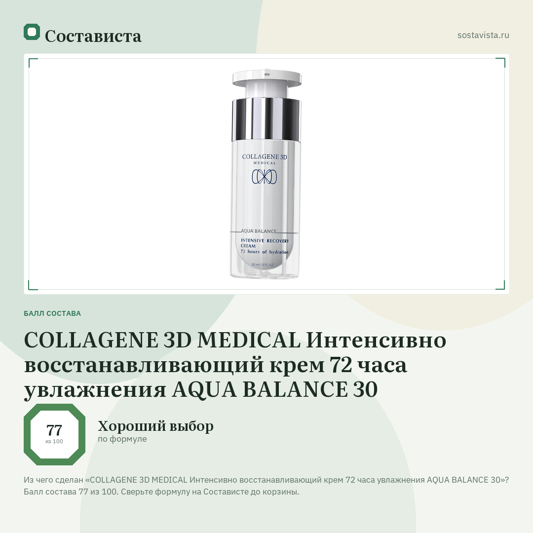 COLLAGENE 3D MEDICAL Интенсивно восстанавливающий крем 72 часа увлажнения AQUA BALANCE 30: балл состава 77 из 100 — Состависта