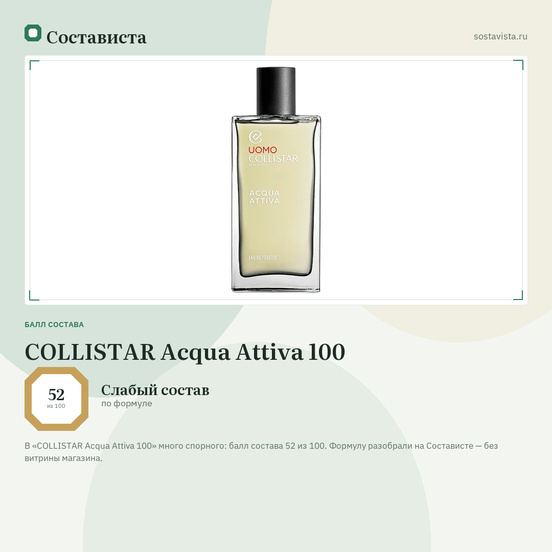 COLLISTAR Acqua Attiva 100: балл состава 52 из 100 — Состависта