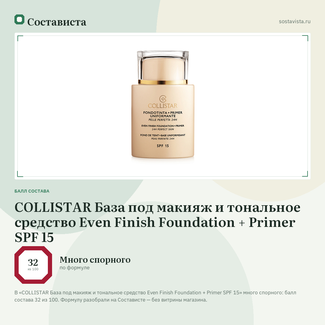 COLLISTAR База под макияж и тональное средство Even Finish Foundation + Primer SPF 15: балл состава 32 из 100 — Состависта