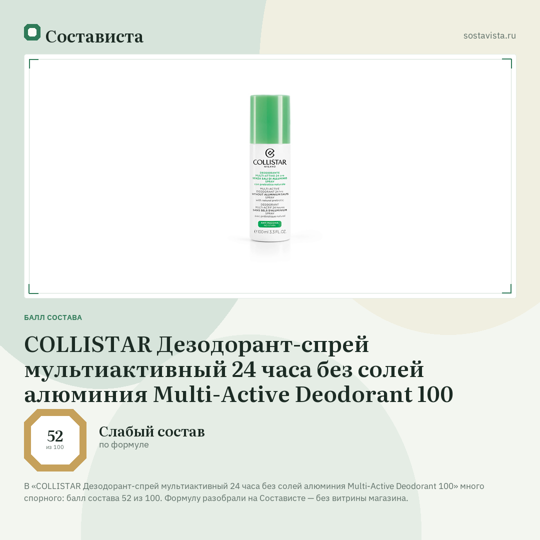 COLLISTAR Дезодорант-спрей мультиактивный 24 часа без солей алюминия Multi-Active Deodorant 100: балл состава 52 из 100 — Состависта